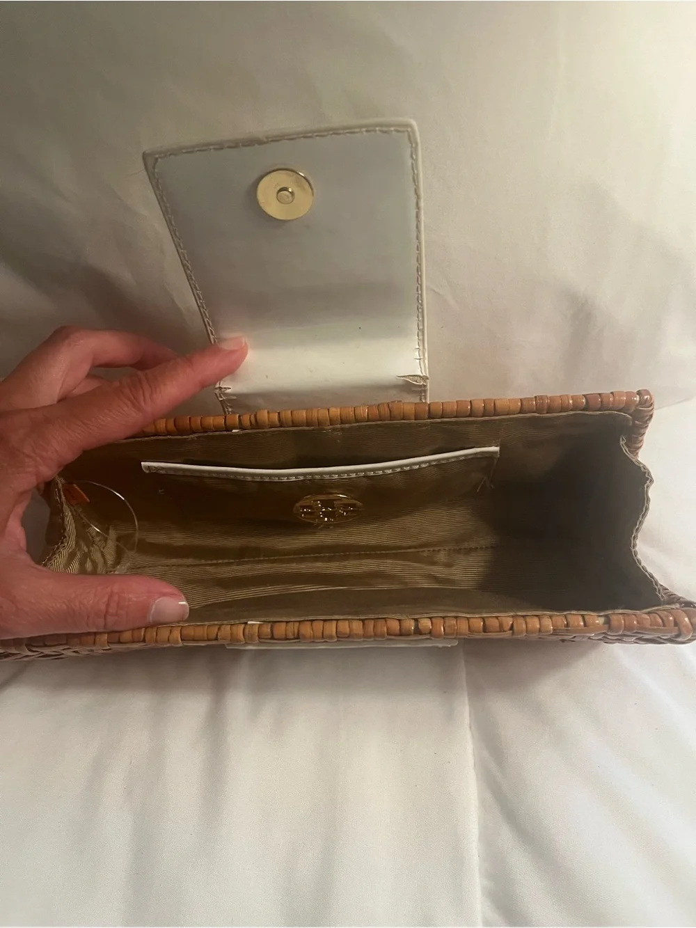 Tory Burch Tan Woven Straw Clutch with White Leather Logo Strap